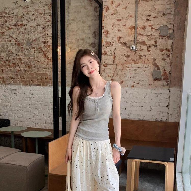 Korean Spice Girl Pure Desire Wind Lace Edge Fake Two-piece Suspender Vest Summer New Women's Slim Wear Sleeveless Top