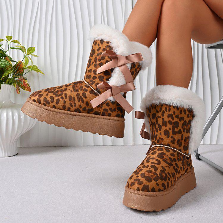 Women s Fluffy Snow Boots 2025: New Arrival, Velvet-Lined, Thick Platform, Bow Accent, Mid-Calf Design - Free Shipping 40 цветной печати леопарда
