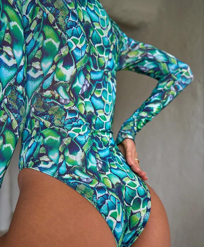Women's Printed Mesh Zipper Long Sleeve One-Piece Swimsuit