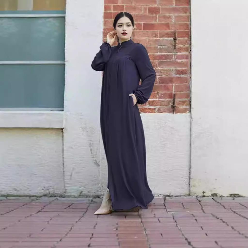 Women's Plus Size Stand-up Collar Zipper Cardigan Relaxed Solid Color Dress