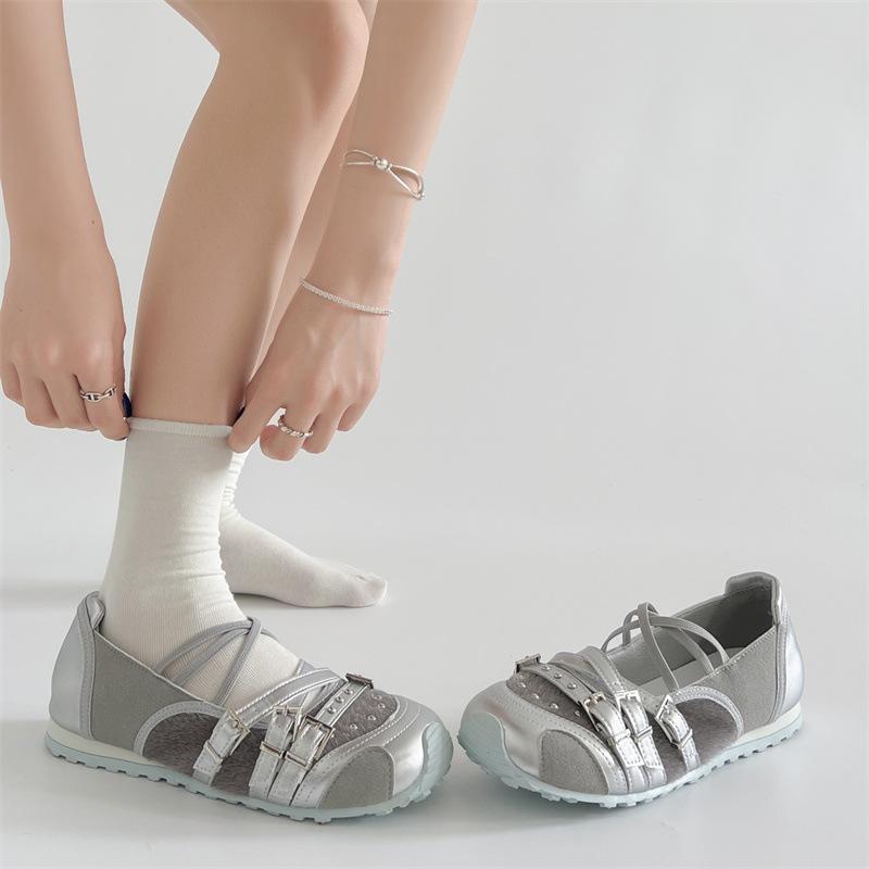 Silver retro ballet style light mouth sports Mary Jane single shoes women's summer 2025 new models with skirts flat-bottomed German training shoes