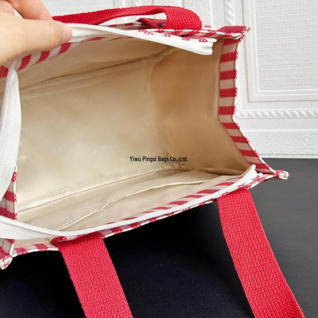 Striped Canvas Tote Bag with Zippered Outer Pocket – Versatile, Large-Capacity Bag for Women As Lunch, Mummy, or Work Bag
