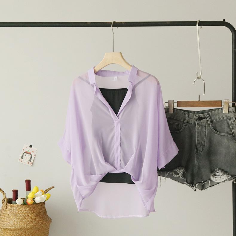 

Комплект из двух предметов Топы Шифоновые рубашки Летний рукав до локтя Свободный V-образный вырез Женская блузка Повседневная Сексуальная Рубашка оверсайз в полоску OneSize чёрный