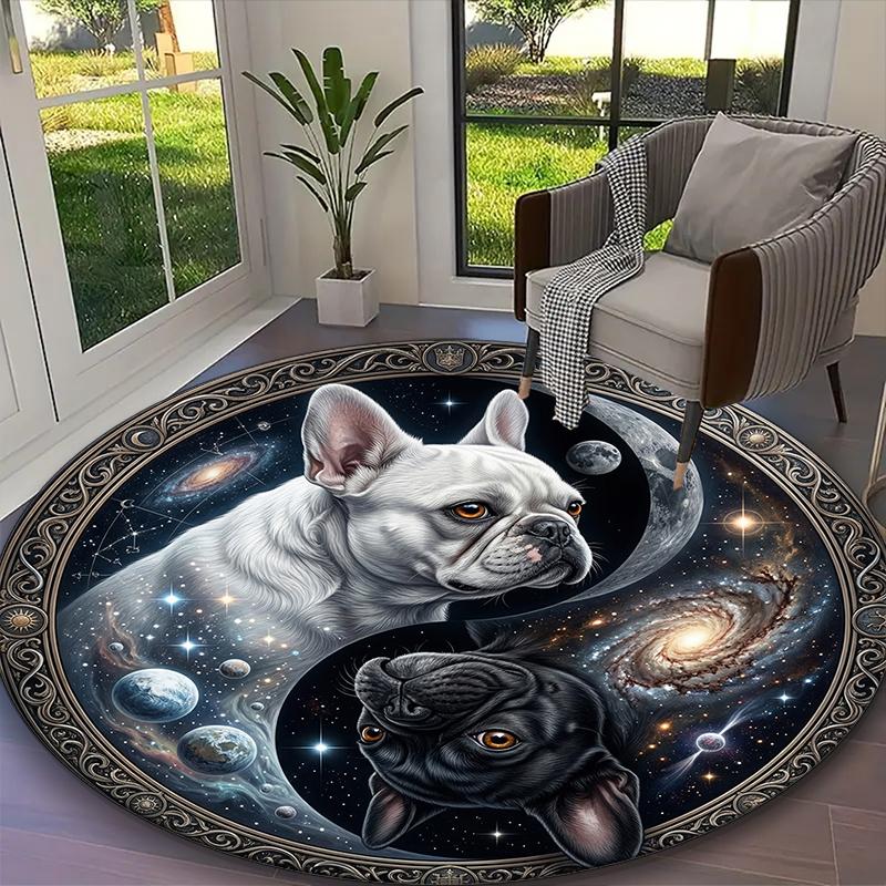 Cosmic Balanced Bulldog Print Round Rug, Multi-functional Office Chair Sofa Carpet, Easy Clean Carpet for Home and Living Spaces