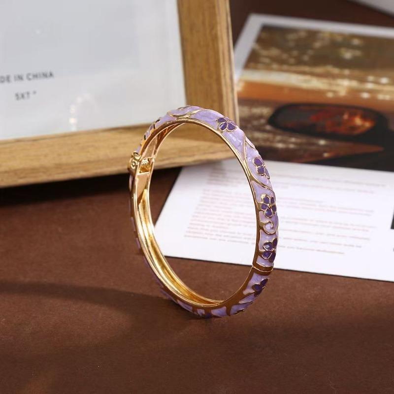 Colorful Enamel Floral Bangle Bracelet Retro Gold-Tone Open Cuff, Elegant Dainty Jewelry For Women Gifts