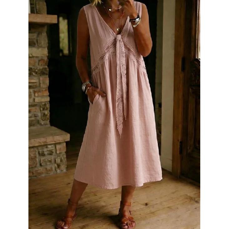 2026 New Women's Solid Color Lace Decorated Sleeveless Dress V-neck Casual Dress