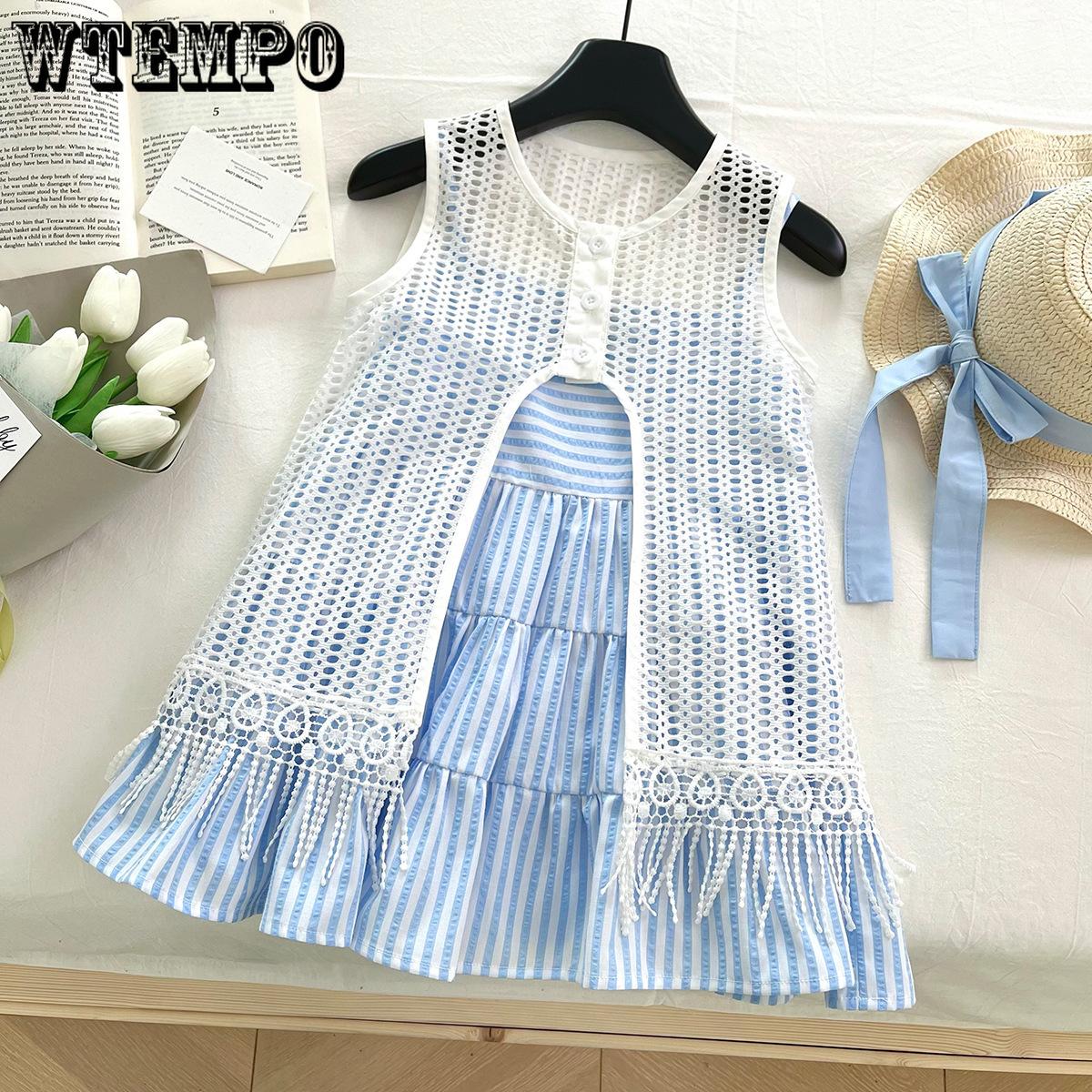 

Girls Summer Dress Korean Hollowed Out Cardigan Striped Dress Princess Dress 150