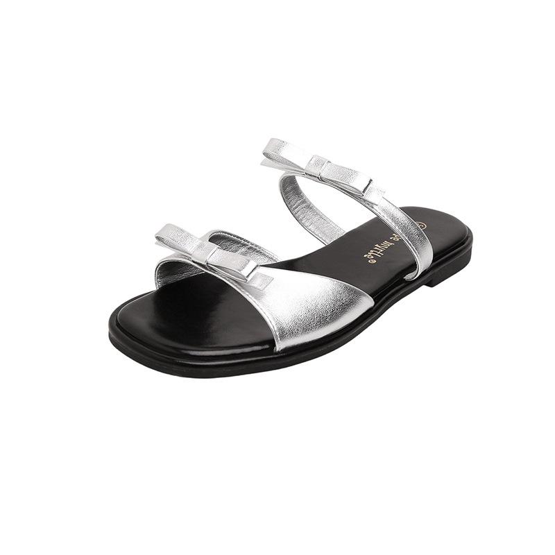 

Версия из коровьей кожи, летние новые шлепанцы с круглым носком и бантом с открытым носком, пляжные универсальные повседневные женские кожаные 40