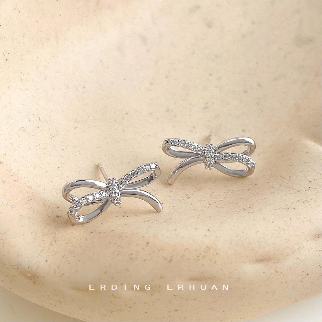 

Original designer 925 silver needle rose gold color-preserving bow simple high-end earrings studs