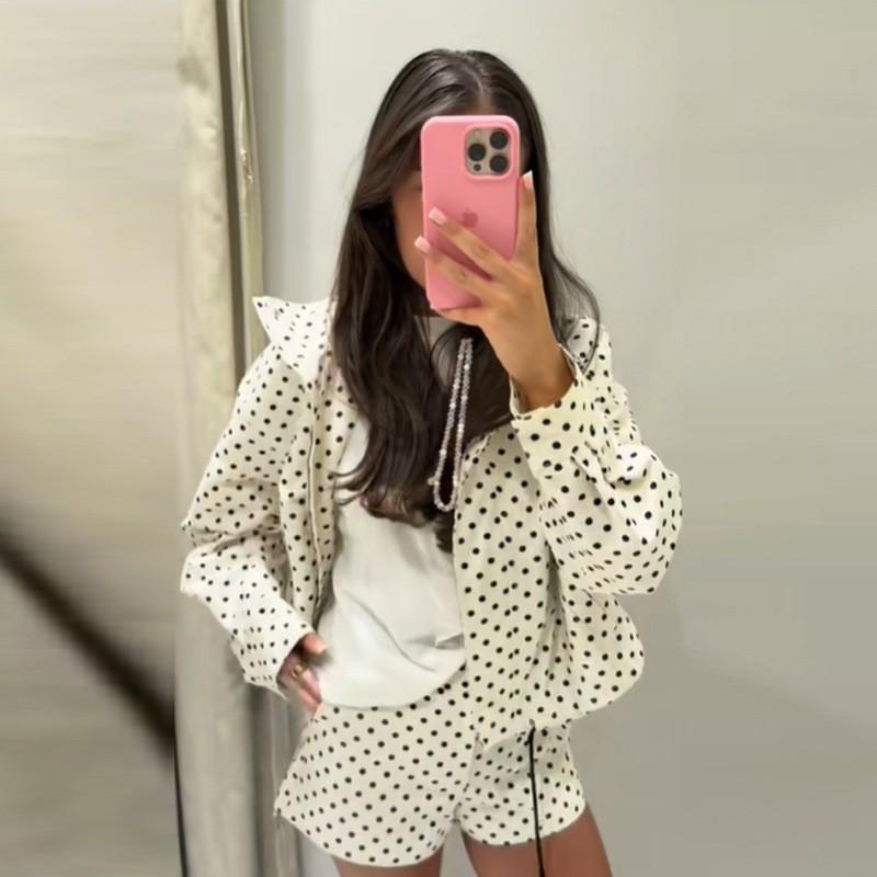 Womens Casual 2-Piece Set: Long-Sleeve Polka Dot Print Jacket High-Waist Slim Shorts 2025