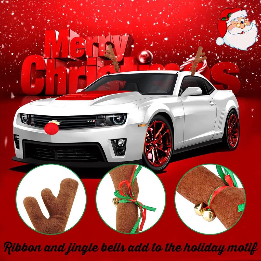 Car Reindeer Antler Kit Nose, Car Reindeer Antlers Christmas For Car Window Roof-Top & Front Grille, Auto Reindeer Antler And Nose Kit Decoration Set
