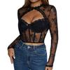 Sexy Lace Hollow Out Long Sleeve Fitted Top With Flower Pattern A1299