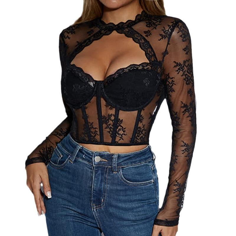 Sexy Lace Hollow Out Long Sleeve Fitted Top With Flower Pattern A1299