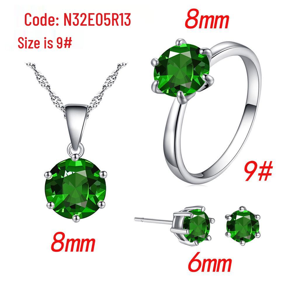 Korean Style Bridal Jewelry Set: Six-Prong Colored Zircon Necklace, Stud Earrings & Ring