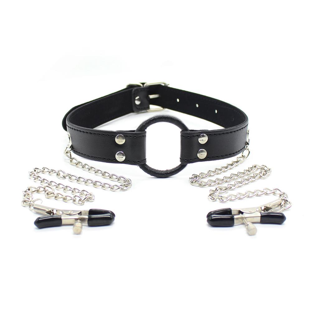 BDSM Ball Gag with Nipple Clamps Chain Set Hollow Perforated Mouth Gag Slave Role Play Bondage Adult Sex Toy for Women Men