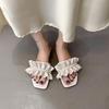 Fashion Women's Fashion Flat Shoes Summer New Square Head Shallow Mouth Beaded Soft Sole Anti-slip Wear-resistant Slippers