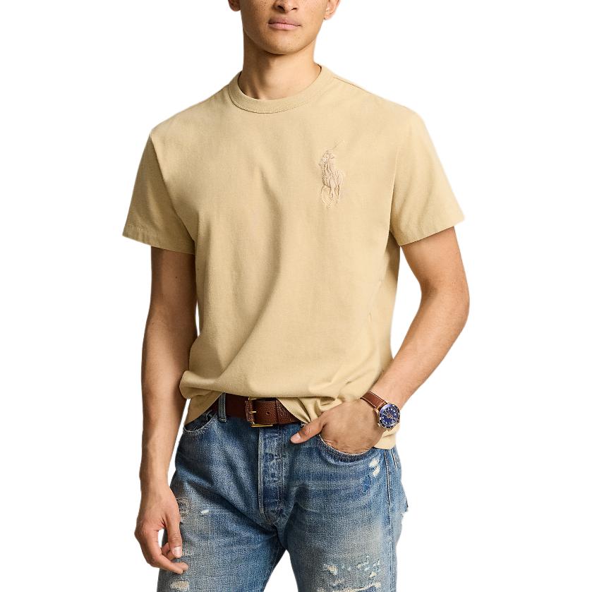 T-shirt Casual Girocollo Manica Corta Uomo Polo Ralph Lauren Colore Unico Ricamo Big Pony Beige Spiaggia MNPOTSH1N822176-250