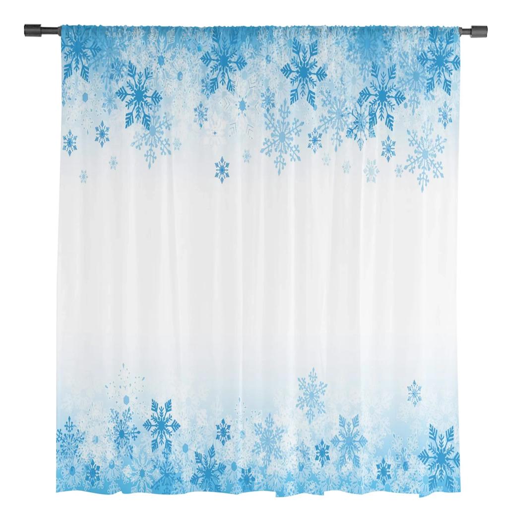 Christmas Winter Blue Snowflakes White Tulle Sheer Curtains for Living Room Bedroom Decor Window Curtain Voile Organza Drapes