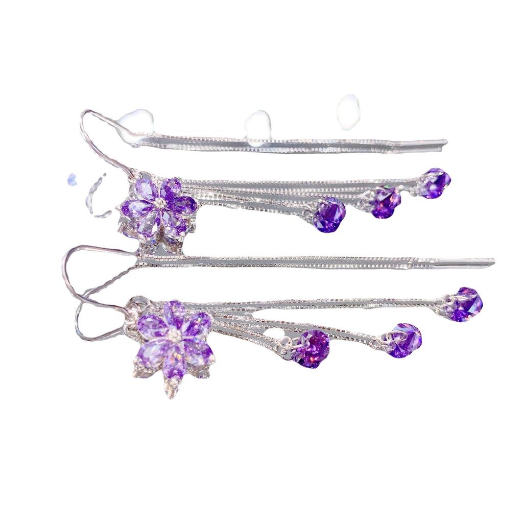 Crystal Flower Tassel Earrings with Silver-Plated Needles - Anti-Loss Zircon Design Inspired by Japanese and Korean Style