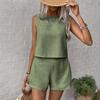 Ensemble haut sans manches et short de couleur unie pour femme - Décontracté, boutonnage, col rond, toutes saisons, tenue décontractée|Haut sans manches|Short boutonnable