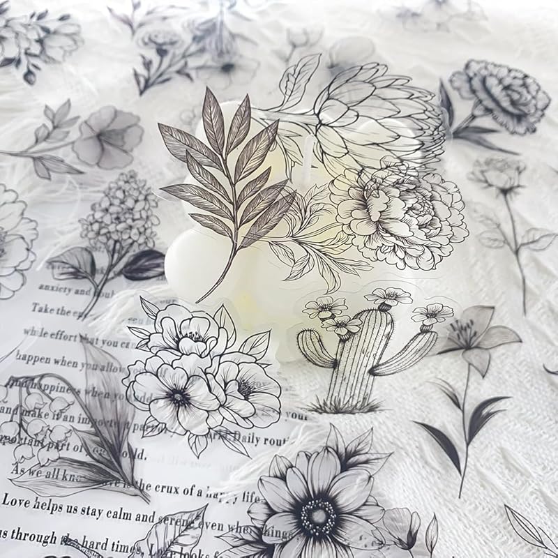 50 Blatt Schwarze, Transparente, Wasserdichte Pflanzenaufkleber, Blumen- und Pflanzenaufkleber für Scrapbooks, Tagebücher, Bastelarbeiten, Harzkunstprojekte, Planer,