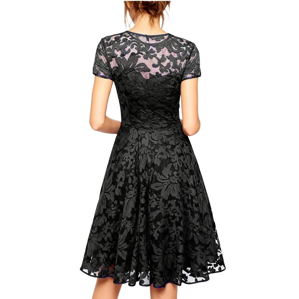 Damenmodisches Rundhals-Kurzarmkleid mit Spitzenbesatz