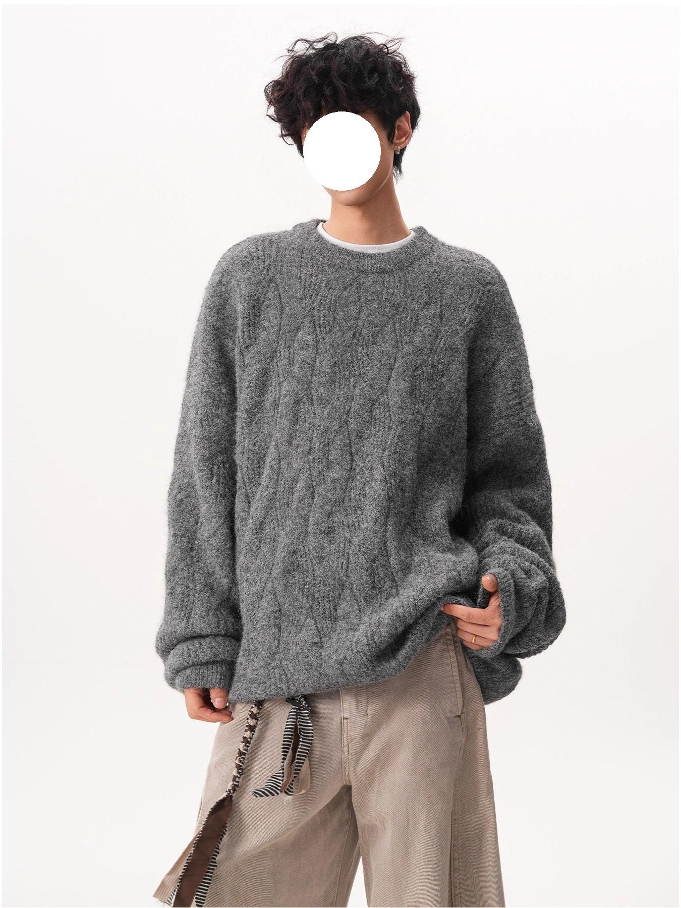 Унисекс ретро текстурированный вязаный свитер с круглым вырезом - Осенне-зимний свободный пуловер M