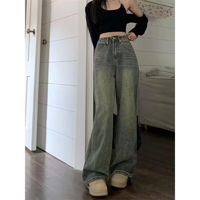 Women's Distressed Retro High-Waist Wide-Leg Jeans - Washed, Loose-Fit, Floor-Length for Spring/Summer