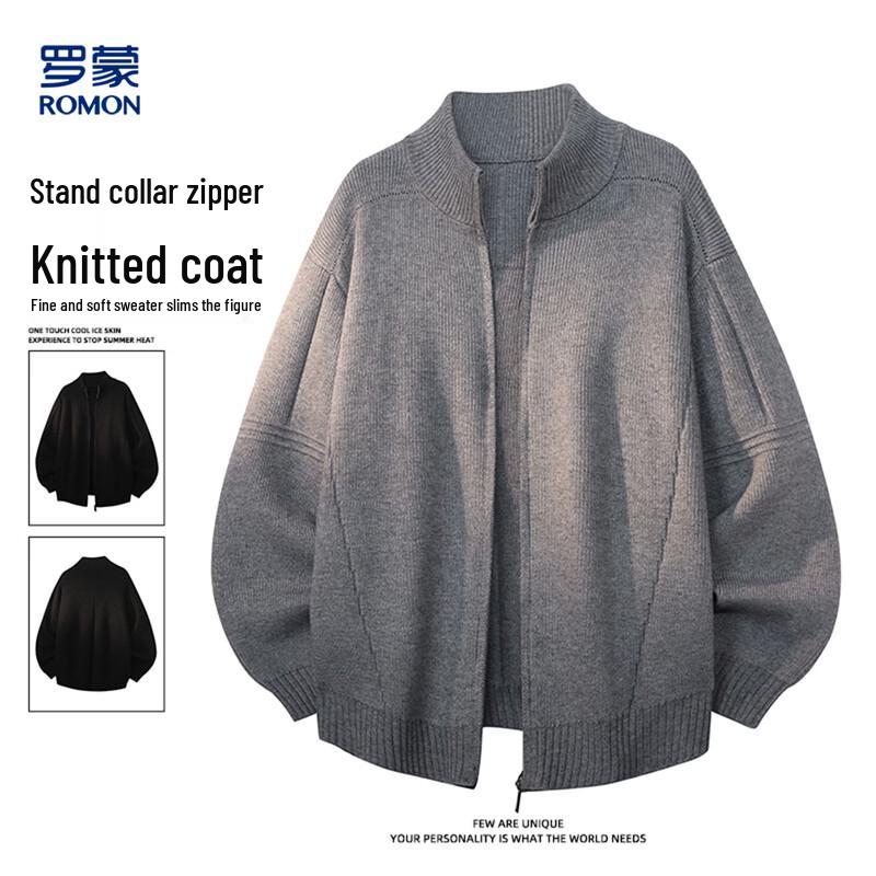 ROMON Men's Casual Solid Color Zipper Cardigan