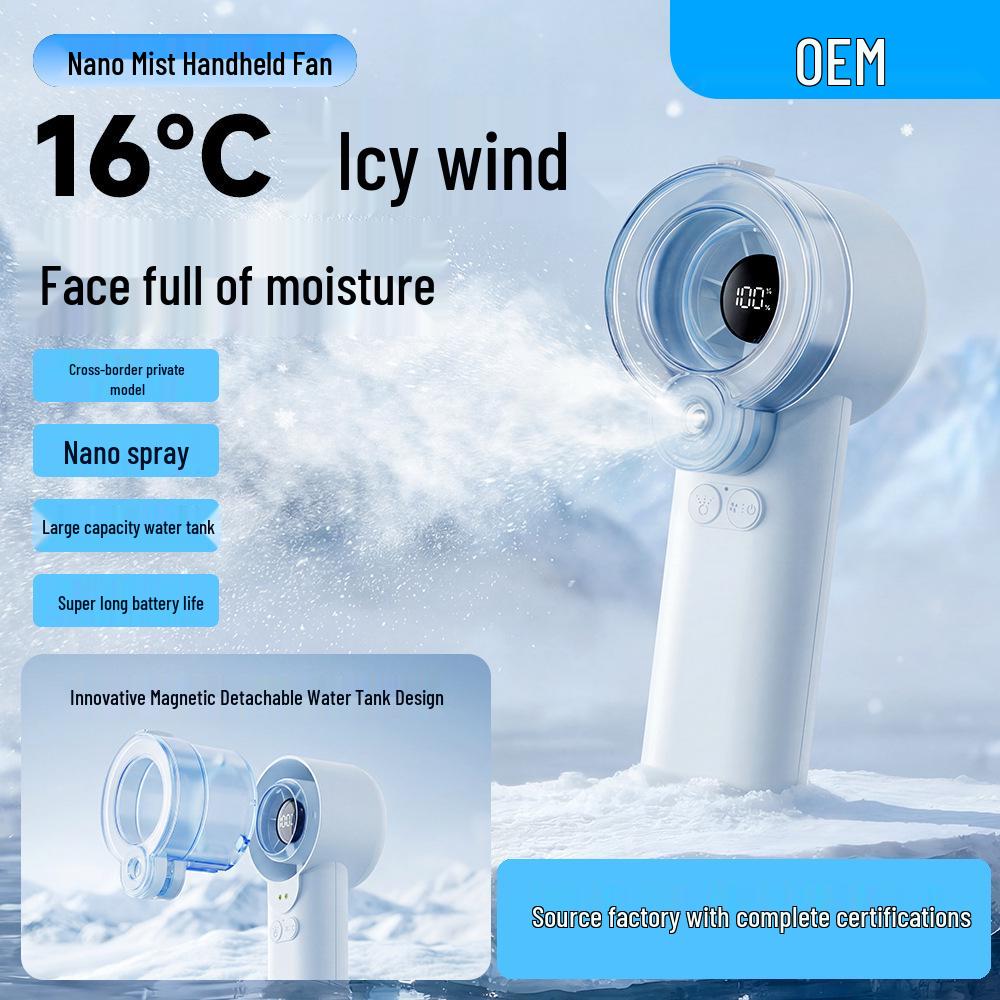 Rechargeable Handheld Mini Fan with Long Battery Life, Quiet Cooling, Powerful Turbine, Portable Design, and Spray Humidifier Feature
