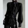Harajuku Vintage Black Bottoming Shirt Women Stand Collar Ruffles Slim Blouses Japanese Victorian Long Sleeve Blusas De Mujer