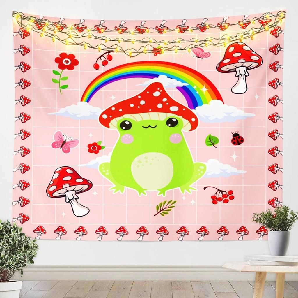 Cute Frog Tapestry Mushroom Tapestries Cartoon Animal Wall Hanging Tapestry for Girl Teen Funny Bedroom Living Room Dorm Decor