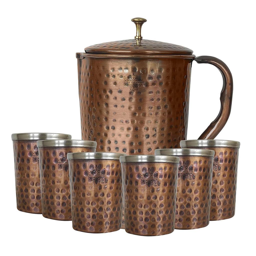 Pure Copper Drinkware Gift Set of 1 Jug & 6 Glass with Gift Box & Antique , Gifting Item for Diwali, Bithday & Parties, Jug-1.5 Litre & Glass-300 ML