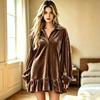 Women'S Solid  Color Velvet Collared Dress V Neck Lantern Sleeve Ruffle Hem Loose Mini Shift Dress Fall Winter