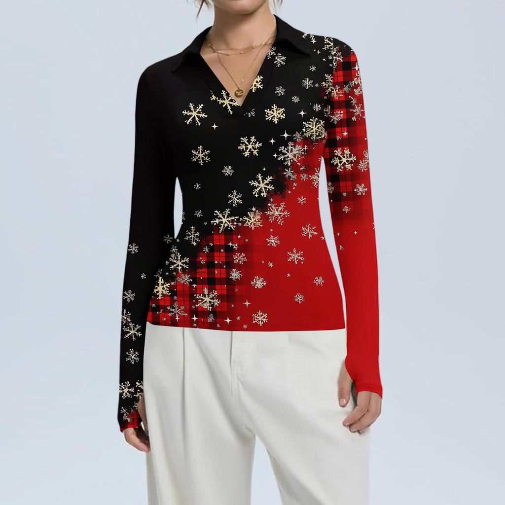 Damenmode Lässig Weihnachts-Print V-Ausschnitt Langarm Knopfleiste Oberteil