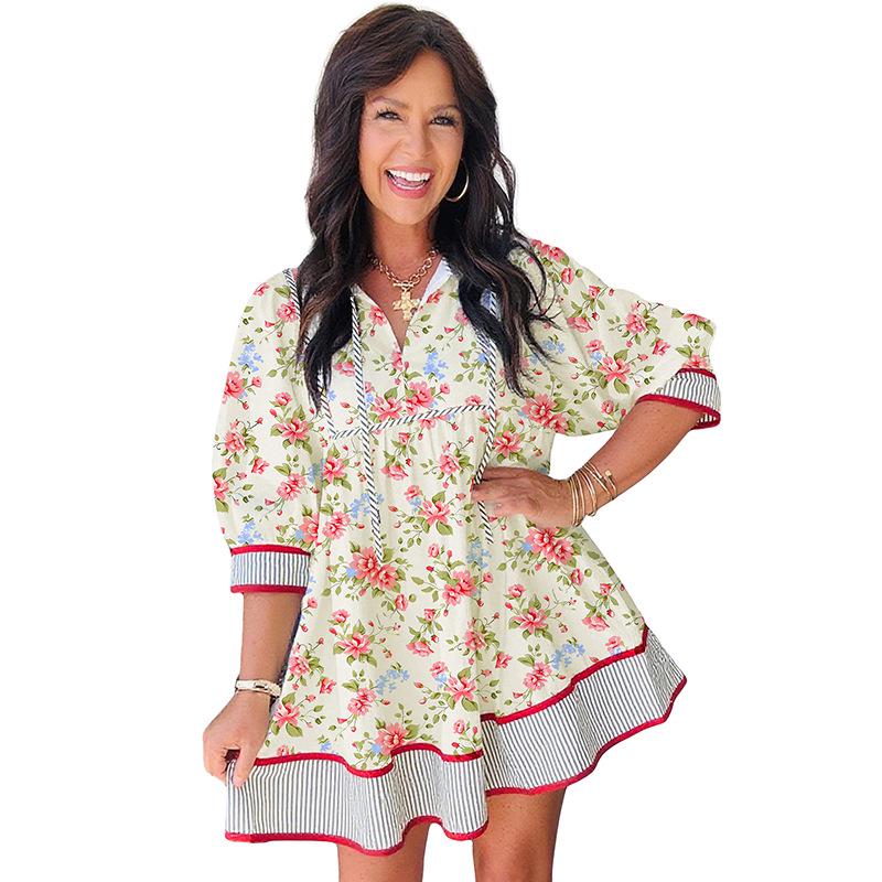 Spring Floral V-neck Pullover Dress - Women s European American Style, Sweet & Loose Short Skirt Small
