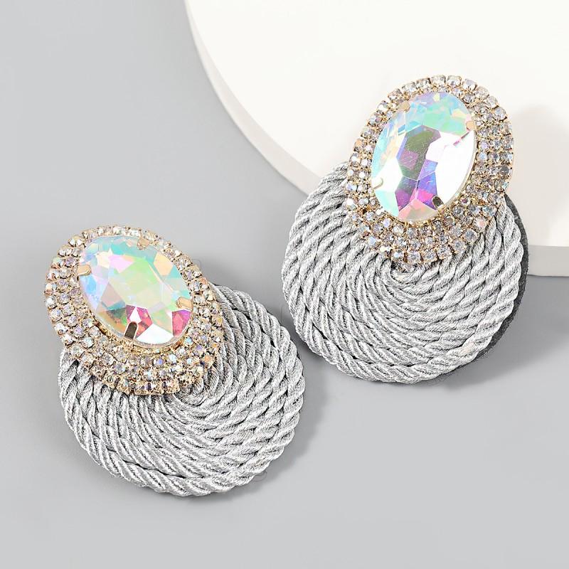 Alloy Rhinestone Oval Glass Stud Earrings Women Stretch Cord Circular Fashion Ear Jewelry In White Green Black Rose Gold