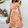 Women's Casual Fashion Round Neck Pleated Short Sleeve Floral Print A-Line Midi Dress