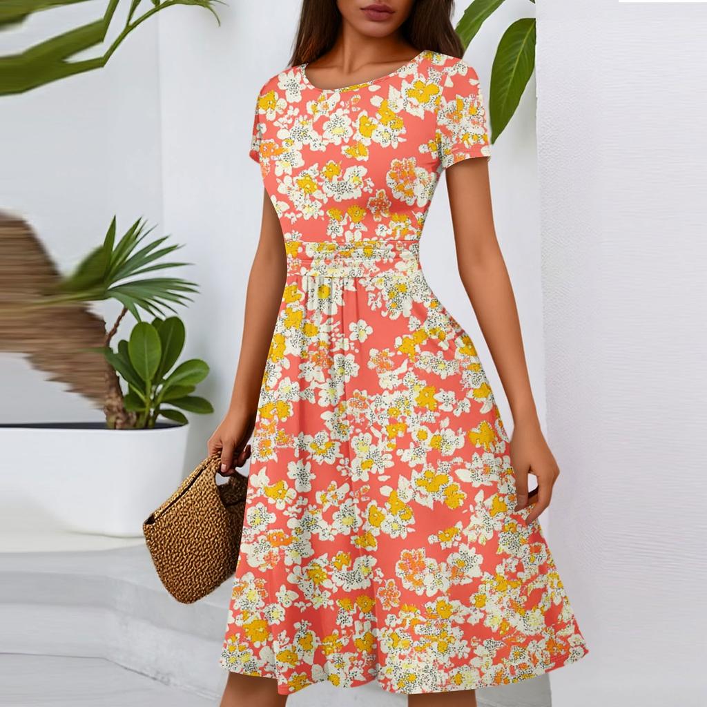 Women's Casual Fashion Round Neck Pleated Short Sleeve Floral Print A-Line Midi Dress