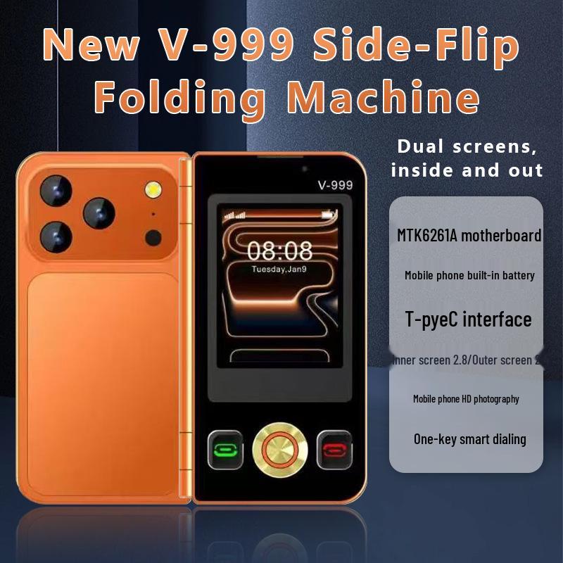V999 Dual-Screen Foldable Mobile Phone: 2G, Dual SIM, Large Display, Loud Audio, Multilingual, New Arrival