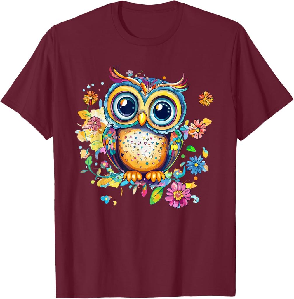 Vibrant Owl With Colorful Flowers Graphic T-Shirt Casual Cotton Print Crewneck Tee