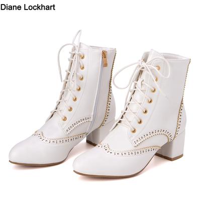 New Lace Up Ladies Square High Heel Shoes Ankle Boots Side Zip Retro Women Pointed Toe Thick Soled Short Booties White Black
