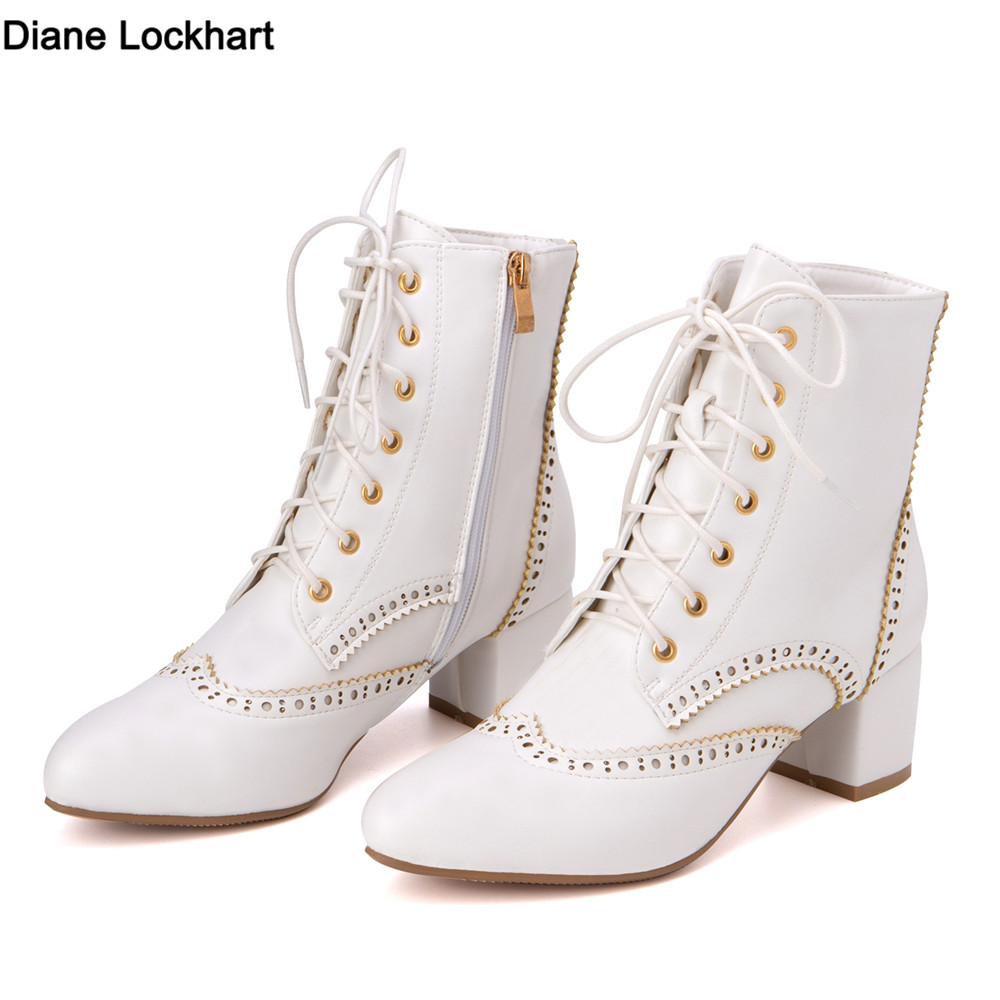 Fashion 2025New Lace Up Ladies Square High Heel Shoes Ankle Boots Side Zip Retro Women Pointed Toe Thick Soled Short Booties White Black