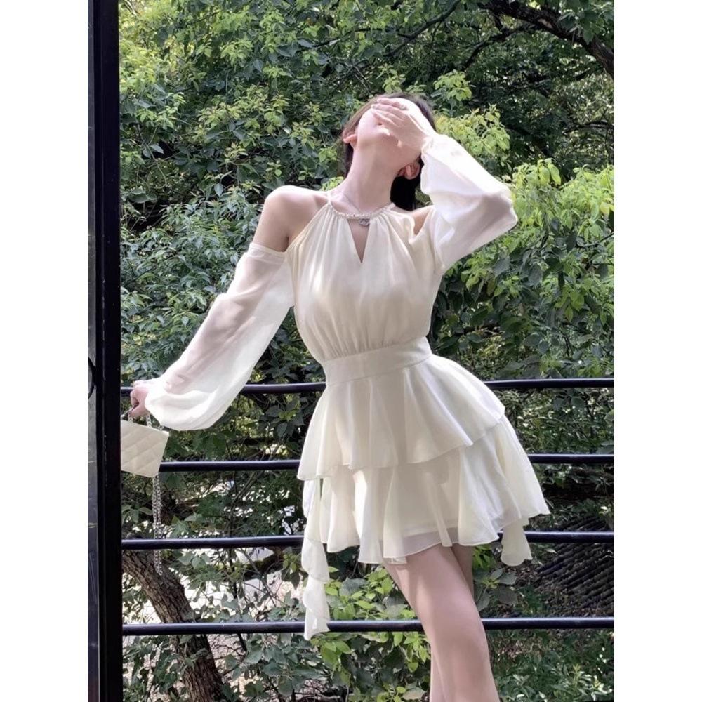 Super Fairy Temperament Short Apricot Off-the-shoulder Dress Women's New Casual Foreign Ruffled Halterneck Skirt In Summer