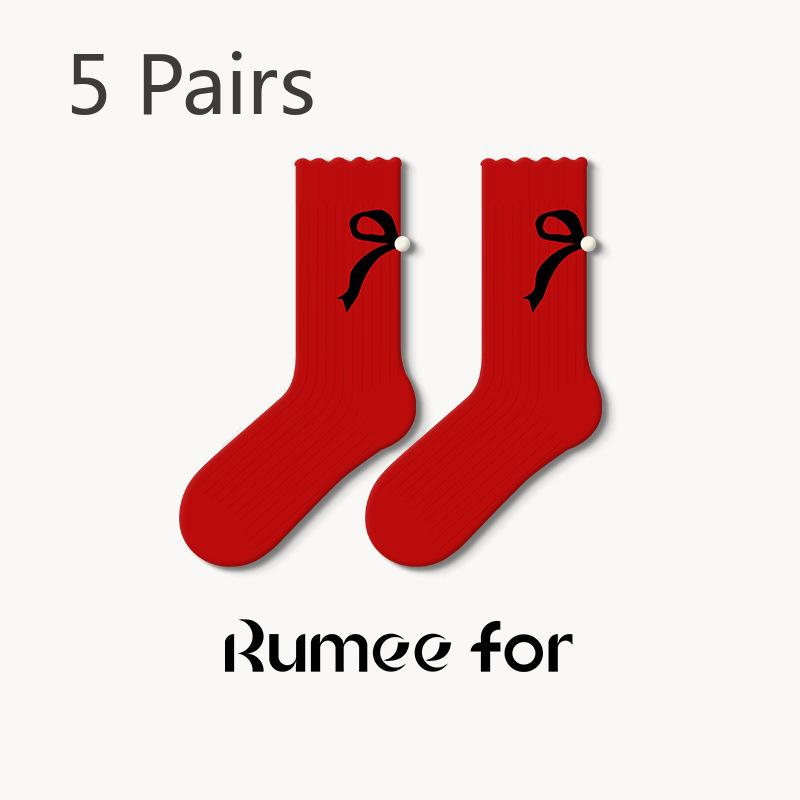 5 Pairs of Female Spring and Autumn Love Embroidery New Year Red Stockings