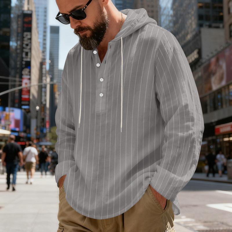 

2026 New Striped Linen Long-Sleeve Shirt for Men, Spring and Autumn Casual Hooded Sweatshirt XXXL