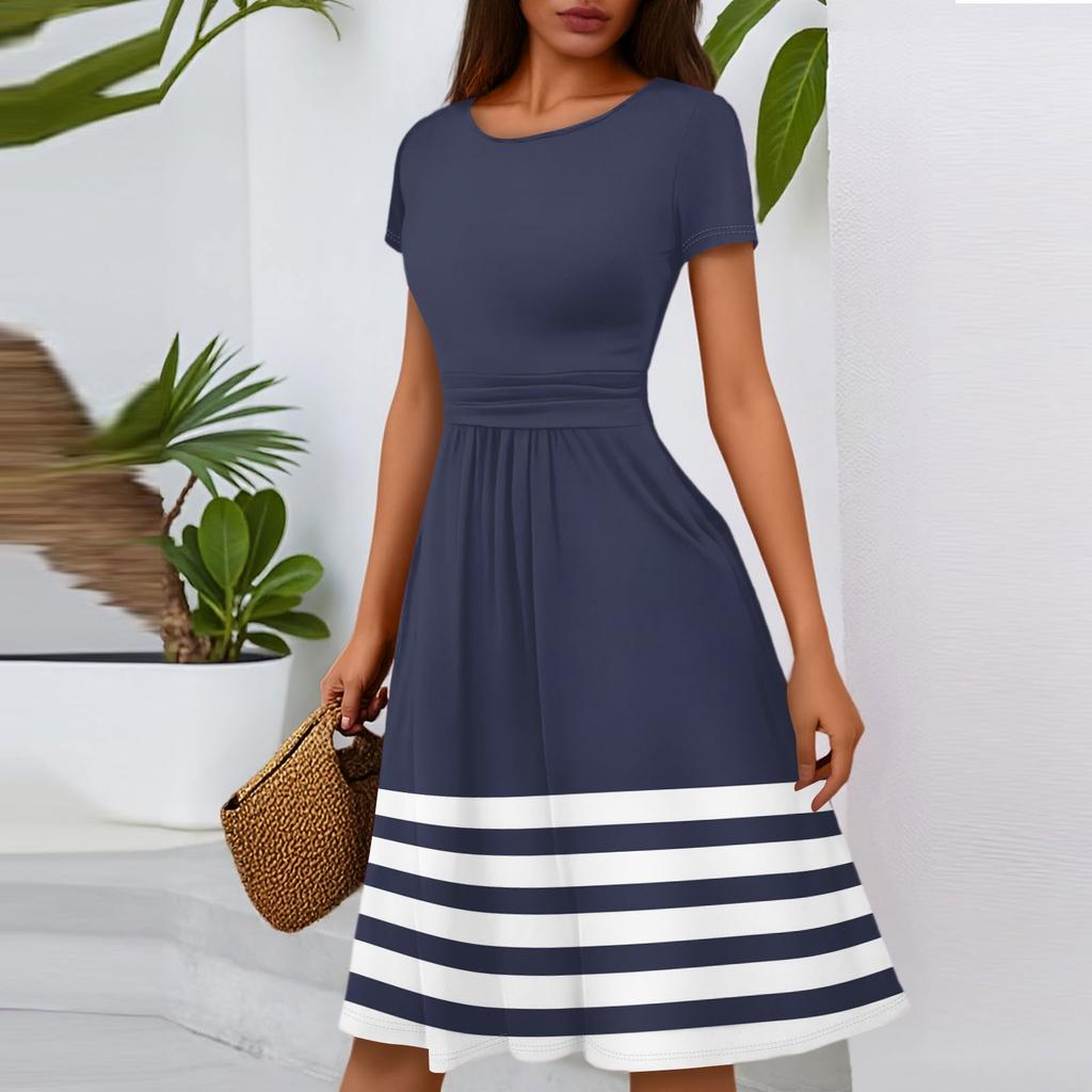 Women's Casual Fashion Round Neck Pleated Short Sleeve Striped Printed A-Line Midi Dress
