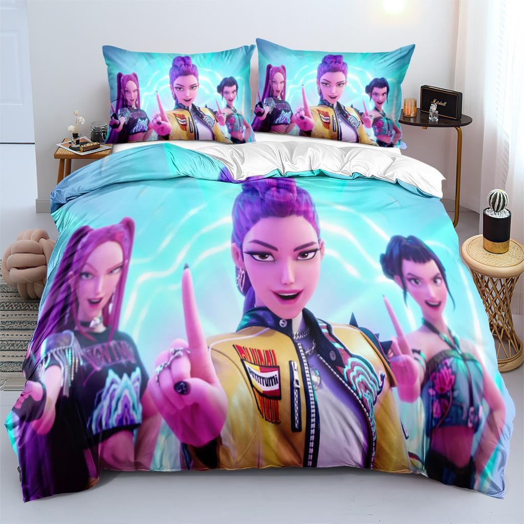3pcs KPop Demon Hunters Bedding Set Anime Print Boys Girls Three Piece Multi Size Quilt Cover Pillow Cover Bedroom Decoration