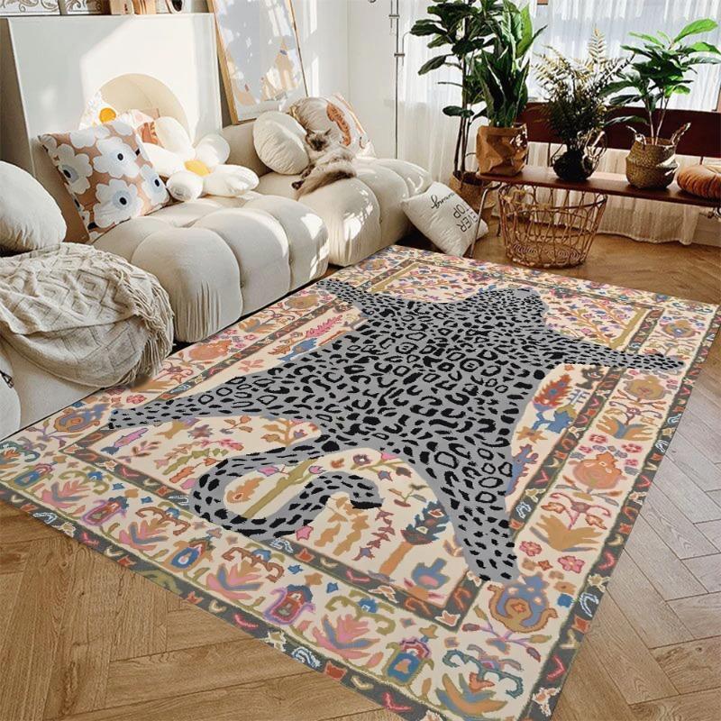 Modern Leopard Print Mix Carpet with Bohemian Style Border Colorful Floral Design Non-Slip Large Area Rug for Cozy Home Interior