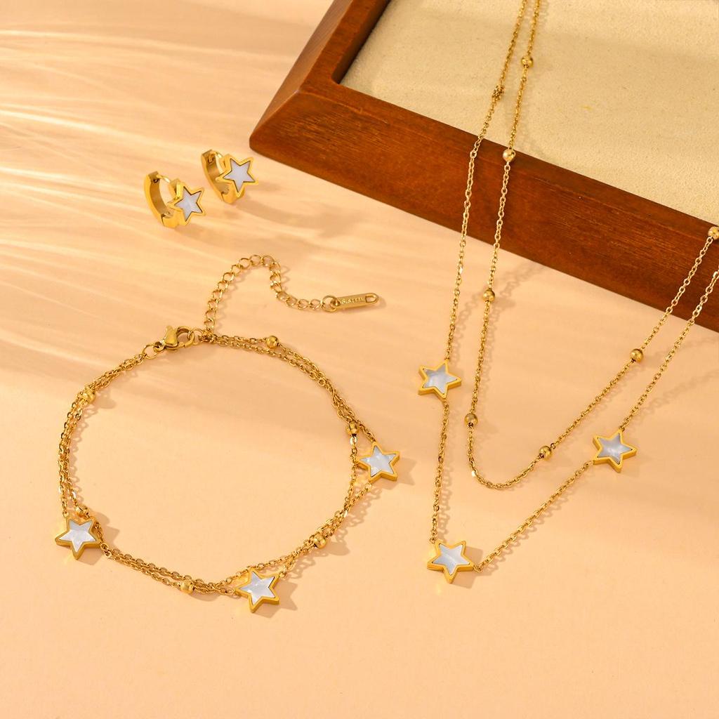 European Retro 18K Gold Stainless Steel Double Layer Star & Heart Anklet, Fashion Titanium Non-Fading Design